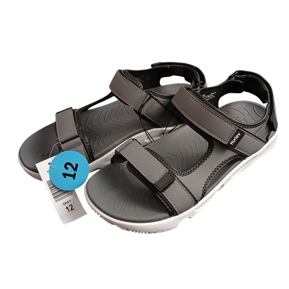 Hurley Men's Oceanside Sport Sandals Gray White Strappy Hook Loop Size 12 NEW